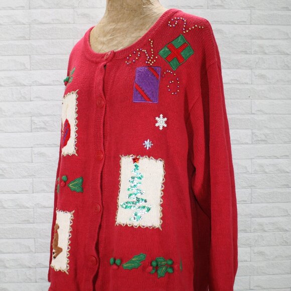 BOBBIE BROOKS Cardigan Christmas Knit Sweater Holiday Ugly Patchwork Red XL - Picture 3 of 12